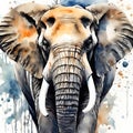 Brown elephant head on white and splashed brown paint background, watercolor illustration. Royalty Free Stock Photo