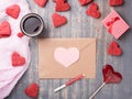 Valentine`s day love letter on wooden background. Royalty Free Stock Photo