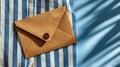 Brown envelope with button closure on striped fabric next to blue textured surface with shadows Royalty Free Stock Photo