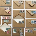 Brown envelopes are arranged in a grid pattern on a white ba Royalty Free Stock Photo
