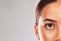 Brown eye, woman and face vision in retina security, facial eyelash mascara or makeup cosmetics on skin. Zoom detail