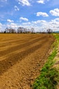 Brown field by trees under blue sky at the edge of Prague Royalty Free Stock Photo