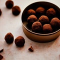 Brown filled cocoa powder truffles, pralines, dessert, confectionery, food, cooking - AI generated art, generative AI