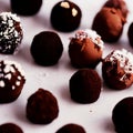 Brown filled dark chocolate and cocoa powder truffles, praline, dessert, confectionery, cooking, food - AI generated, generative