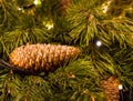 Brown fir cone long on green fluffy festive spruce festive garland close-up