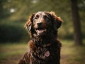 Brown flat coated retriever portrait A dog laughing happily in the park Royalty Free Stock Photo