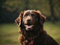 Brown flat coated retriever portrait? A dog laughing happily in the park Royalty Free Stock Photo