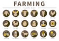 Brown Flat Farming Icon Set of Sheep, Pig, Cow, Goat, Horse, Rooster, Goose, Chicken, Egg, Milk, Farmer, Concentrate, Tractor,