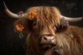 Brown fluffy cow with fresh flowers in fur. Generate ai