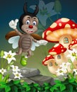 Brown Flying Beetle With Rocks, White Ivy Flower, And Red Mushroom House Cartoon