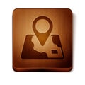Brown Folded map with location marker icon isolated on white background. Wooden square button. Vector Royalty Free Stock Photo