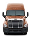 Brown Freightliner Cascadia truck with black plastic bumper.