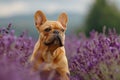 Brown french bulldog dog sitting in a field of purple lavender. The image is generated with the use of an AI.