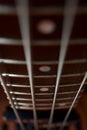 Brown fretboard of a bass guitar. Four metal strings and metal frets. Musical instrument. Low and dense sound. Blurred background Royalty Free Stock Photo