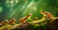 Brown frogs sit on the mossy tree trunk and bask in the sunlight.