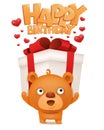 Brown funny emoji teddy bear with gift box. Happy birthday invitation card Royalty Free Stock Photo