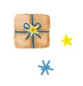 Brown gift box with a blue bow and star for a holiday painted in watercolor Royalty Free Stock Photo