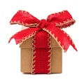 Brown gift box with red bow and ribbon isolated on white