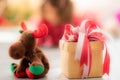 A brown gift box tied with a red and white ribbon was placed on the ground and a reindeer doll Royalty Free Stock Photo