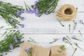 Brown gift boxes and rope with purple cutter flowers bouquet Royalty Free Stock Photo