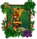 Brown Giraffe In Forest With Tropical Plant Flower And Square Wood Frame Cartoon