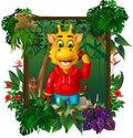 Brown Giraffe Wearing Red Jacket In Forest With Tropical Plant Flower In Square Wood Frame Cartoon