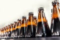 Brown glass beer drink alcohol bottles, brewery conveyor, production line