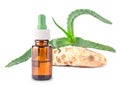 Brown glass bottle with essential oil and Aloe Vera.