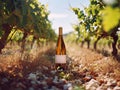 A brown glass bottle with white wine on the background of a vineyard on a sunny day. The concept of winemaking