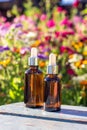 Brown glass dropper bottles with serum, essential oil or other cosmetic product on bright floral background. Natural Organic Spa Royalty Free Stock Photo