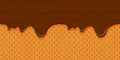 Brown glaze flows down on a waffle background. Horizontal seamless appetizing element with smudges. Template for frosting cone of