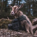 Brown goat with a camera in a tranquil outdoor setting. AI-generated.