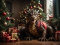A brown and gold dragon sits near gifts in a festively decorated room