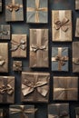 Brown and gray gift group with ribbons on gray background.