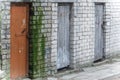 Brown and grey wooden doors in white brick wall with green moss Royalty Free Stock Photo