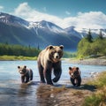 Brown Grizzly Bear with Twin Cubs