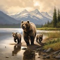 Brown Grizzly Bear with Twin Cubs