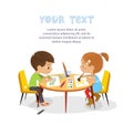 Brown hair Boy and Girl sit in profile at the round table and draw picture with watercolor and pencils. Drawing activity Royalty Free Stock Photo