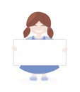 Brown hair girl holding white empty banner. Vector illustration isola