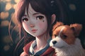 Brown haired anime girl with her dog, ai generated illustration