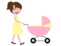 Brown haired pregnant woman pushing buggy