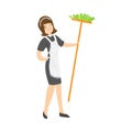 Brown-haired smiling housemaid posing with a broom. Vector illustration in flat cartoon style.