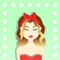 Brown haired woman girl in red dress with red bow and white circles on it, with red lips and closed eyes on light green Royalty Free Stock Photo