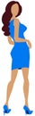 Brown haired woman lady with blue short dress and blue high heels shoes