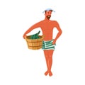 The brown-haired young man in bath towel standing with a birch broom and wooden basket. Vector colorful illustration in