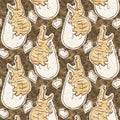 Brown hand drawn Spinosaurus in egg seamless pattern. Gender Neutral Jurassic dinosaur fossil silhouette for baby