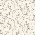 Brown hand drawn Spinosaurus in egg seamless pattern. Gender Neutral Jurassic dinosaur fossil silhouette for baby