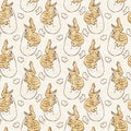 Brown hand drawn Spinosaurus in egg seamless pattern. Gender Neutral Jurassic dinosaur fossil silhouette for baby