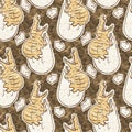 Brown hand drawn Spinosaurus in egg seamless pattern. Gender Neutral Jurassic dinosaur fossil silhouette for baby