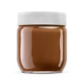 Brown hazelnut chocolate spread in clear glass jar isolated on white Royalty Free Stock Photo